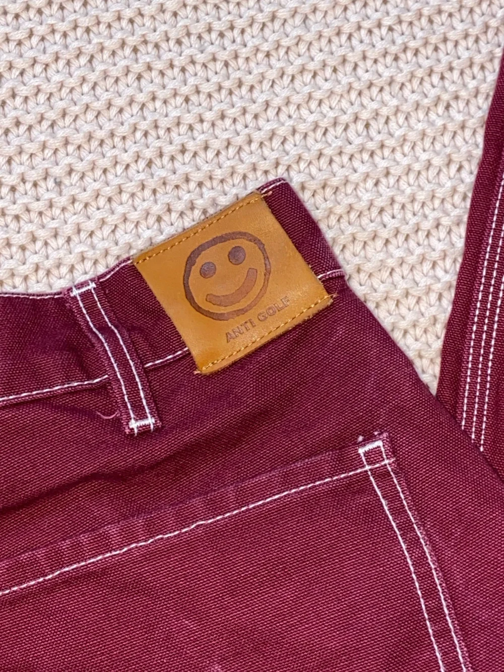 ✰ golf wang burgundy canvas work pants with white contrast stitching ✰